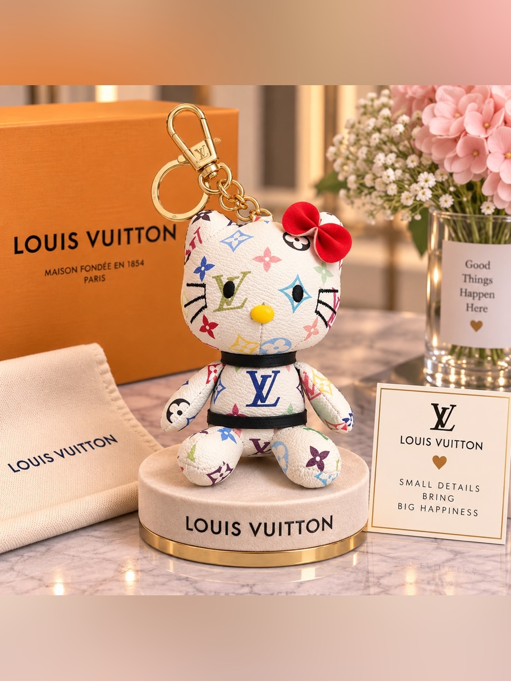 White Multicolor Hello Kitty Bag Charm with Red Bow